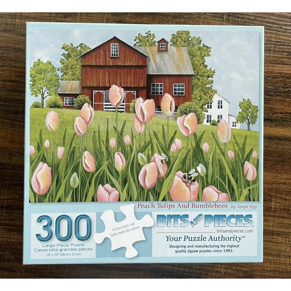 300 Pieces Puzzle Bits and Pieces Peach Tulips and Bumblebees Complete Pre-Owned
